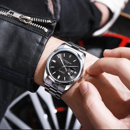 Vyriškas rankinis laikrodis „CHRONOS“ – prabangus prekės ženklas, atsparus vandeniui, šviečiantis, su datos rodikliu, pagamintas iš nerūdijančio plieno, su kvarciniu mechanizmu.
