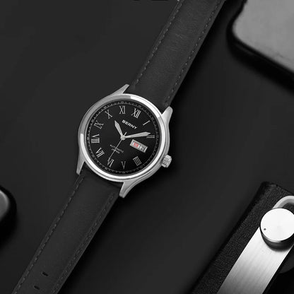 BERNY Automatic Watches for Men Sapphire Luminous Hands Day Calendar Dress Luxury Mechanical Watch 5ATM Vintage-Style Wristwatch