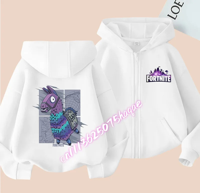 Nuova felpa con cappuccio autunnale per bambini Fortnite, giacca con zip e stampa personaggio cartoon del gioco, cappotto invernale per ragazzi