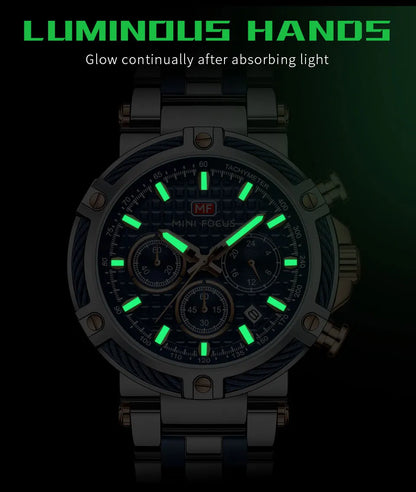 MINI FOCUS Black Stainless Steel Quartz Watch Men Fashion Luminous Dress Wristwatch with Date 24-hour Display Chronograph 0470