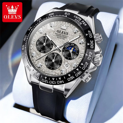 OLEVS 2875 Quartz Watch for Men Original Luxury Brand Silicone Strap Chronograph Auto Date Waterproof Moon Phase Sport Man Watch