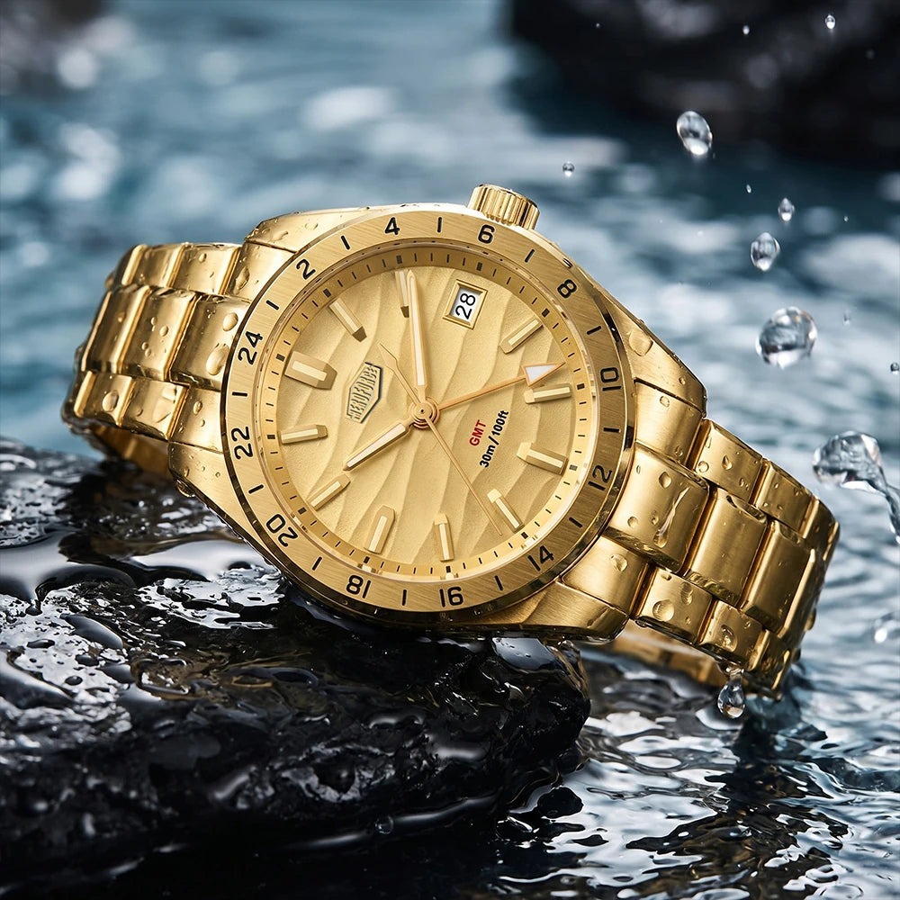 HEROFORCE Quality Original GMT Men Clock Waterproof Luminous Date Luxury Man Watch Stainless Steel Quartz Men's Watches Male