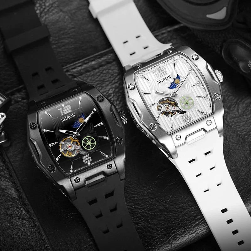 SKROX Designer Luxury Moon Phase Toubillon Automatic Movement Mechanical Clock High Quality Waterproof Silicone Men's Watches