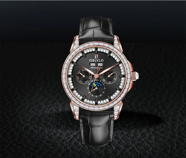 OBLVLO Men's Automatic Watch 40mm Mechanical Wristwatch 5ATM Luminous Crystal Bezel Year, Month, Week, Date, 24 Hours TY1655 Movement