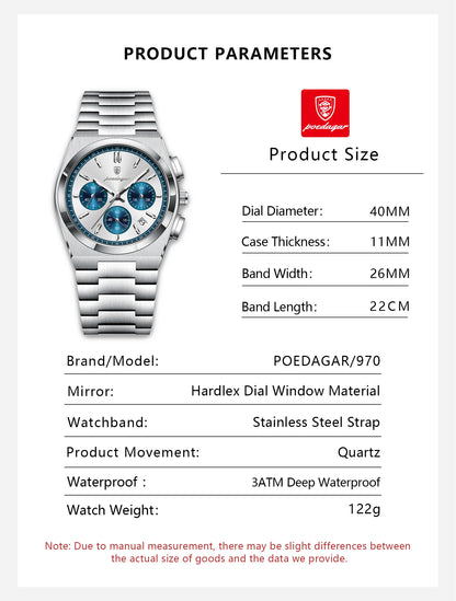 POEDAGAR Fashion Men's Wristwatch Chronograph Date Stainless Steel Quartz Man Clock Waterproof Luminous Business Watches For Men