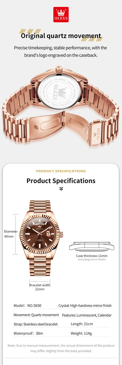 OLEVS Men's Watch Top Brand Luxury Wrist Watch For Men Fashion Rose Gold Stainless Steel Waterproof Watch Day Date Quartz Clock