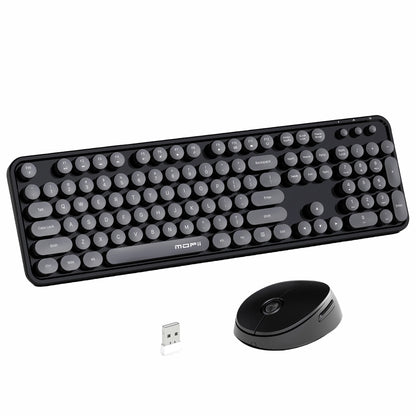 MOFii Black Retro Round Keycaps Wireless Keyboard & Mouse Combo, 2.4G Quiet Office Set, US QWERTY Layout