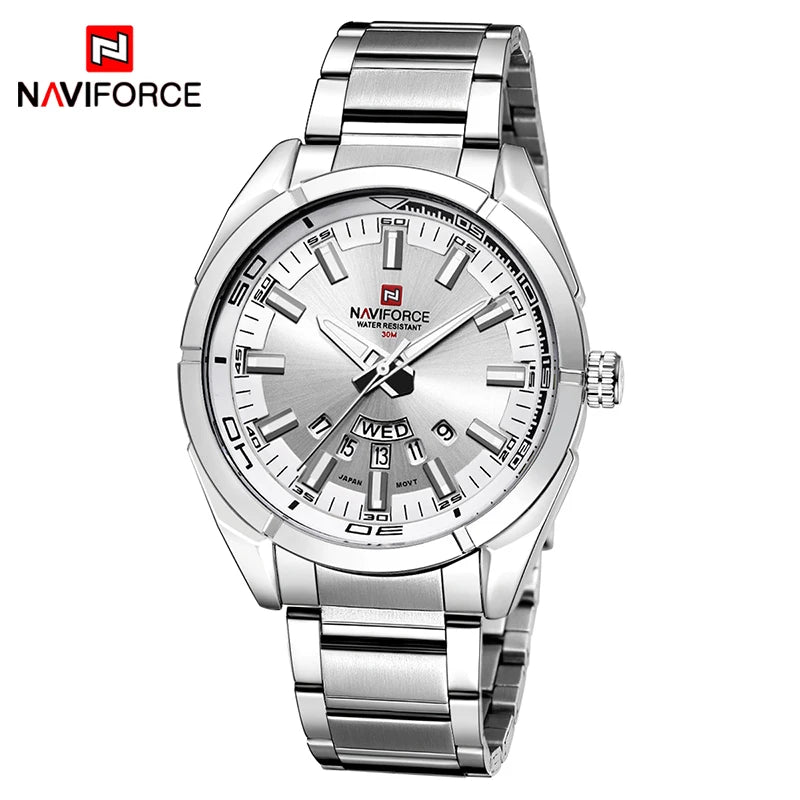 Montre pour homme NAVIFORCE, entièrement en acier, étanche, style décontracté, mouvement à quartz avec affichage de la date – Montre-bracelet de luxe pour homme, d'une marque de premier plan.