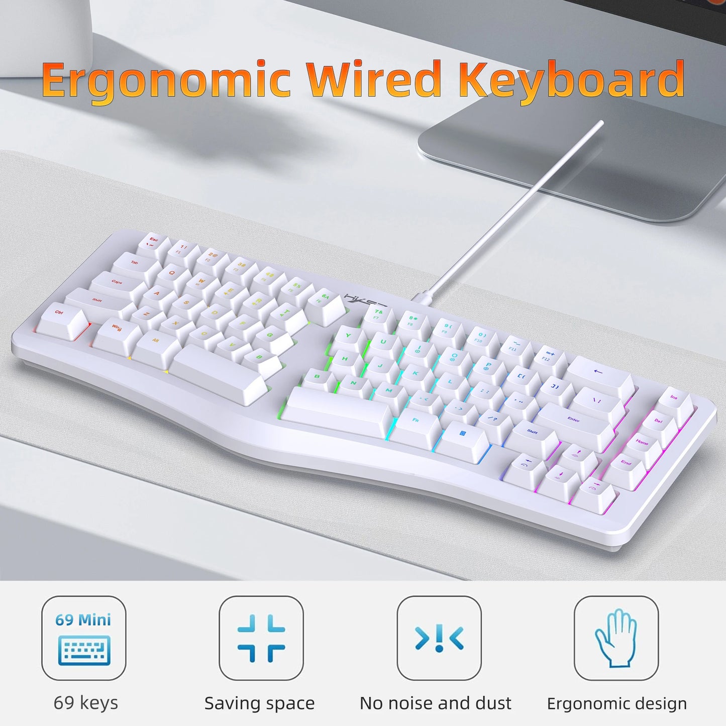69 Key Wired Ergonomic Gaming Keyboard Keyboard Silent Irregular RGB Backlit Keyboard for Windows Linux Home Office Game PC