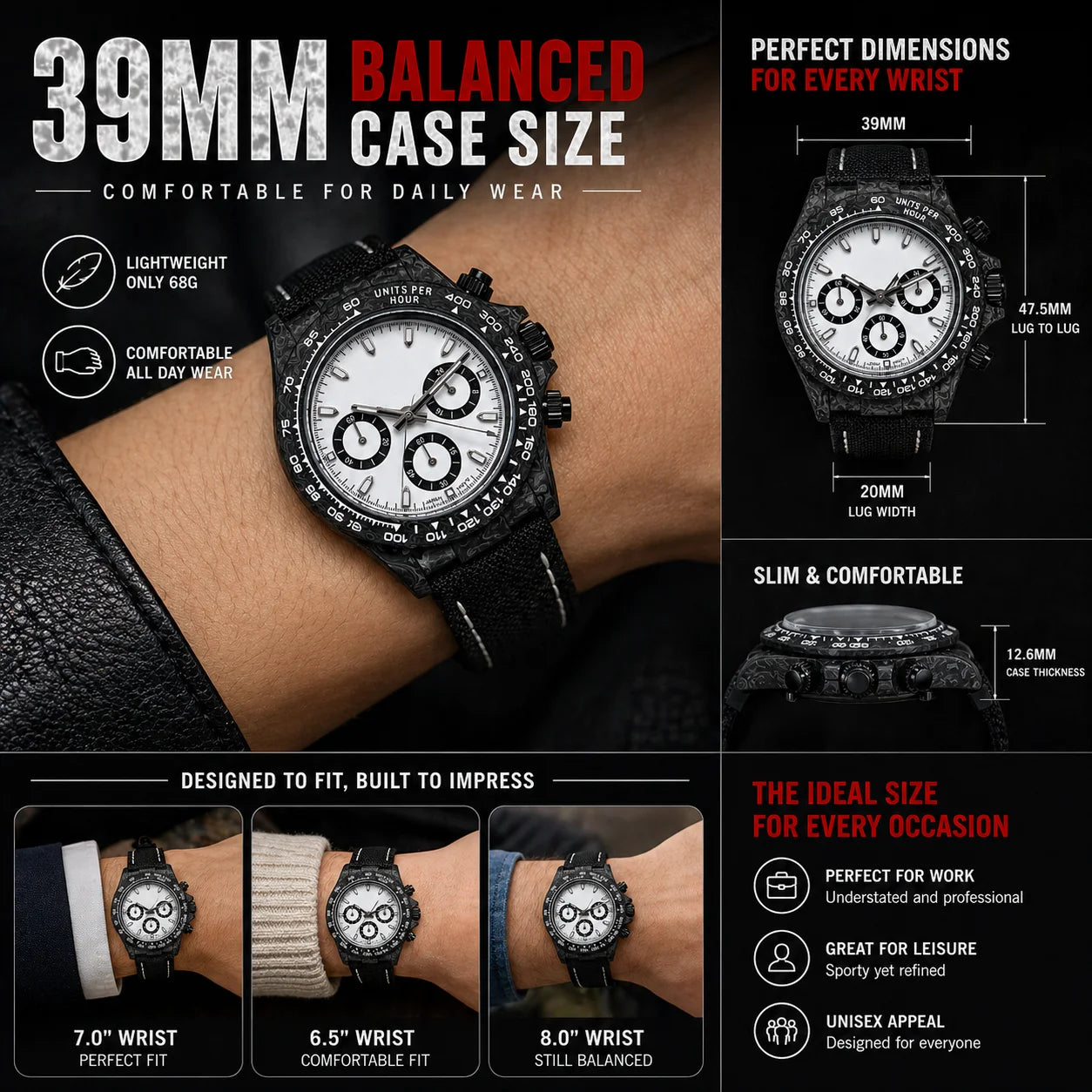 39mm Carbon Fiber Panda Chronograph Watch VK63 Quartz Sapphire Crystal Custom Logo Men's Sports Wristwatch