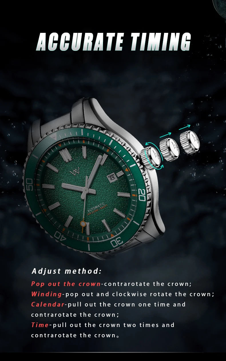 WM Watch Automatic Mechanical Dive Watch Man MIYOTA 8215 Waterproof Stainless Steel Sapphire Welly Merck Diving Watches WM046