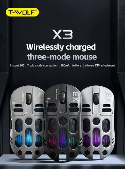 2026 Hollow-out Design Lightweight Computer Game Accessories 3-Mode Bluetooth Wireless Mouse Laptop Rechargeable RGB Backlight