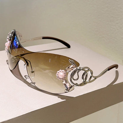 Ochelari de soare KAMMPT fără ramă Y2k cu strasuri, pentru femei, monobloc, pentru activități în aer liber, cu design la modă și lentile cu gradient