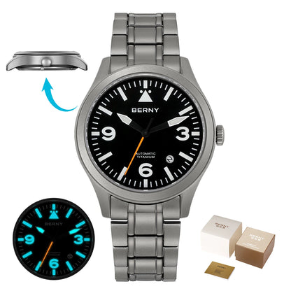 BERNY Full Titanium Automatic Watch for Men Sapphire AR Coated 10Bar Supper Luminous Men Wristwatch Sports Aviation Men Watches