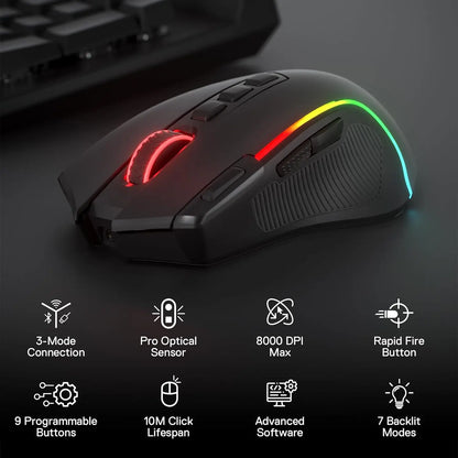 Herná myš Redragon M612 PRO BT & 2.4RGB, optická hráčska myš s 8000 DPI, káblové/bezdrôtové pripojenie, 11 programovateľných tlačidiel a 6 režimov podsvietenia