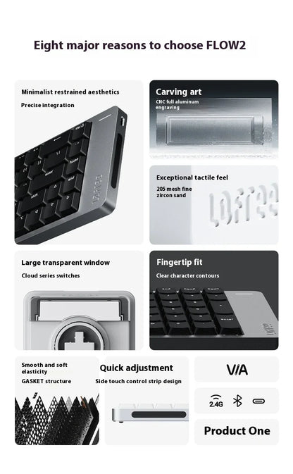 Lofree FLOW2 Mechanische Tastatur fürs Business-Büro, kabellos per Bluetooth und kabelgebunden, leiser und sanfter Klang, kompatibel, geräuscharm, Aluminiumgehäuse