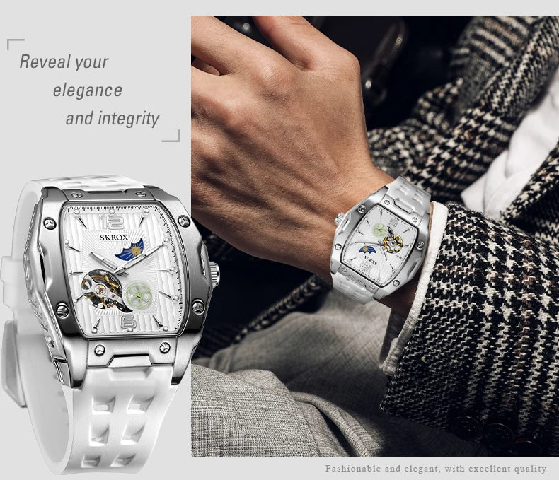 SKROX Designer Luxury Moon Phase Toubillon Automatic Movement Mechanical Clock High Quality Waterproof Silicone Men's Watches