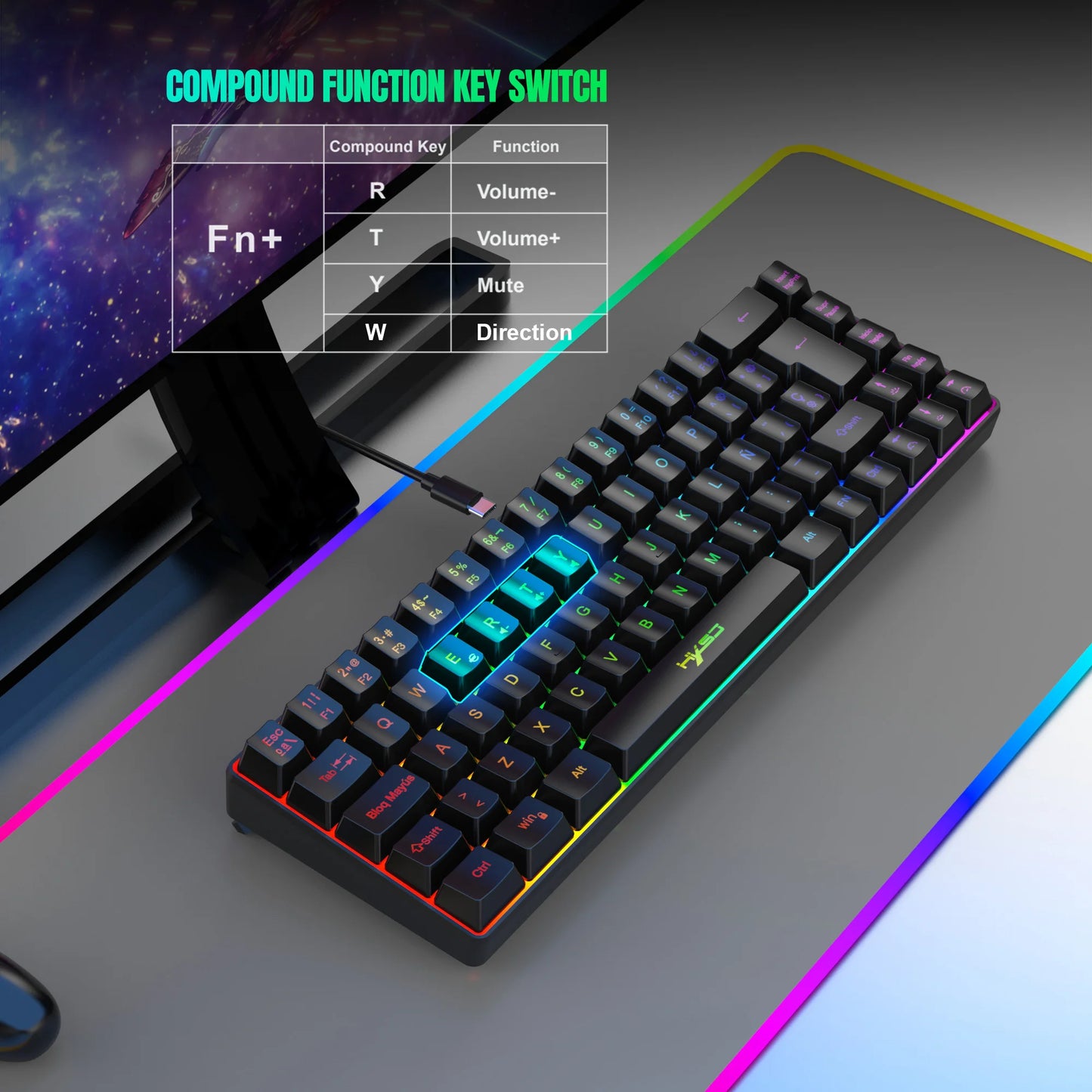 Promoção imperdível! Teclado gaming com fios espanhol de 69 teclas, retroiluminação RGB e design compacto 68%, um acessório indispensável para profissionais de escritório e gamers