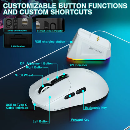 Solakaka SM820 Tri-Mode Wireless Mouse Magnetic Rechargeable Dock RGB PAW3311 24000DPI Wireless Macro Gaming Mouse Ultra-Light