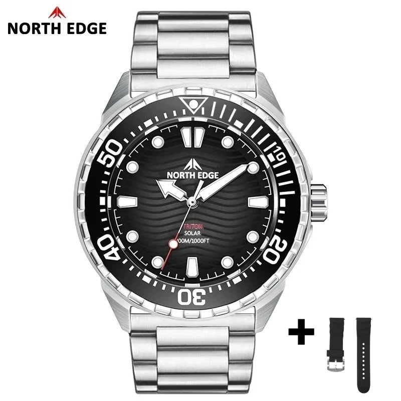 NORTH EDGE New TRITON Solar Powered Diving Watch for Man Luxury Quartz Wristwatches 316L Stainless Steel Case Waterproof 300M