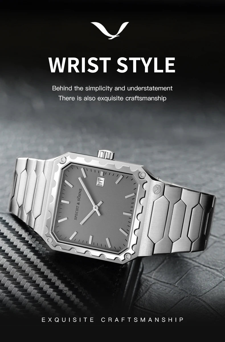 Specht & Söhne New Luxury Square 222 Watch Waterproof Male Clock Luminous Sapphire Stainless Steel Blue Men Watch Reloj Hombre