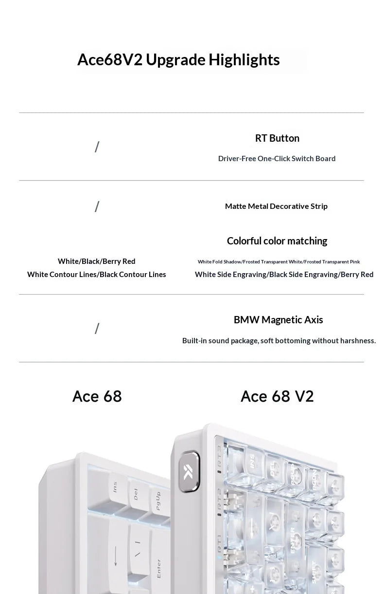 MCHOSE ACE68 V2 Gaming Keyboard Hall Effect 0.001MM RT 8kHz Polling Rate Hot Swappable Support 16K/128K/256K Scan Rate RGB DKS