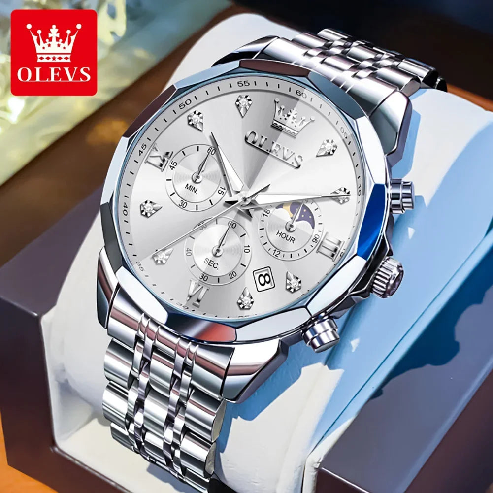 Montre homme OLEVS 3670, élégante, à phase de lune, à quartz, étanche, lumineuse, automatique, date, en acier inoxydable