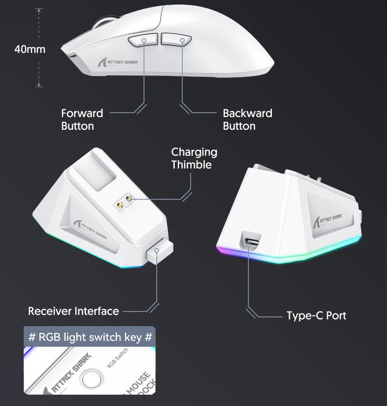 Mouse wireless Attack Shark X11&R1 Tri Mode Bluetooth con base di ricarica RGB, ergonomico e leggero, accessorio per PC gamer