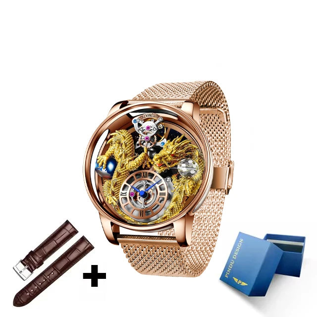 PINDU Fashion Roman Numeral Display Mineral Tempered Glass Material Quartz Movement 3ATM Waterproof Celestial Dragon Men's Watch