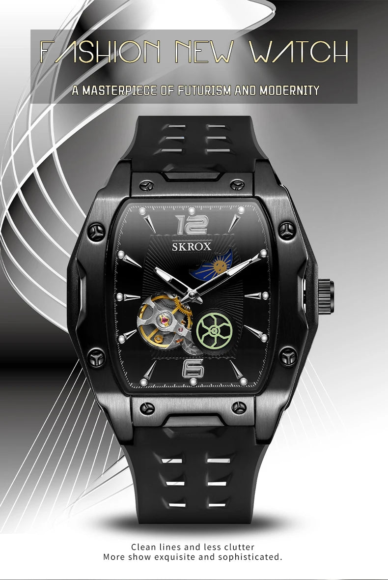 SKROX Designer Luxury Moon Phase Toubillon Automatic Movement Mechanical Clock High Quality Waterproof Silicone Men's Watches