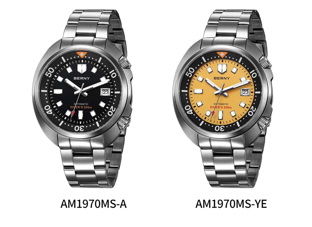 BERNY Automatic Dual Crown Diver Watch For Men Super Luminous Miyota 8215 Sapphire Swim Sport 20ATM Mechanical Men's Dive Watch