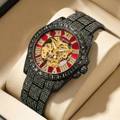 A men's green steel strap luxury trendy analog delicate pinion automatic mechanical watch
