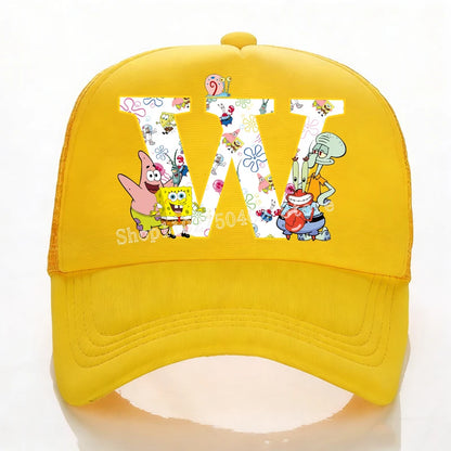 SpongeBobs Baseball Cap Kids Adult Summer Outdoor Sports Sun Hat Child Cute Letter A-Z Sunbonnet Breathable Mesh Headgear Gift
