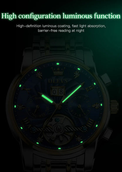 OLEVS 9910 Original Men's Automatic Mechanical Watch Luxury Skeleton Stainless steel Waterproof Luminous Watches