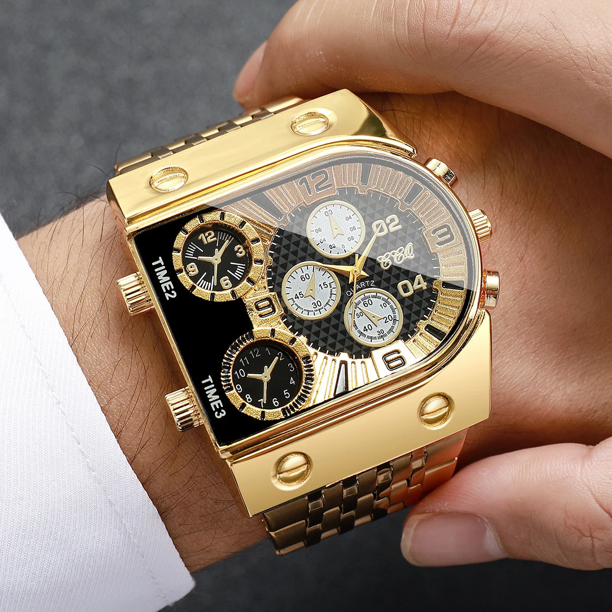 Luxury Gold Men Watch Decorative Dial Stainless Steel Band Quartz Wristwatch Casual Business Clock Reloj Hombre (Without Box)