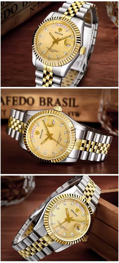 Holuns Luxury Classic 36/41mm Gold Men Watches Japan MIYOTA Quartz Movt Stainless Steel Classic Business Wristwatch Waterproof