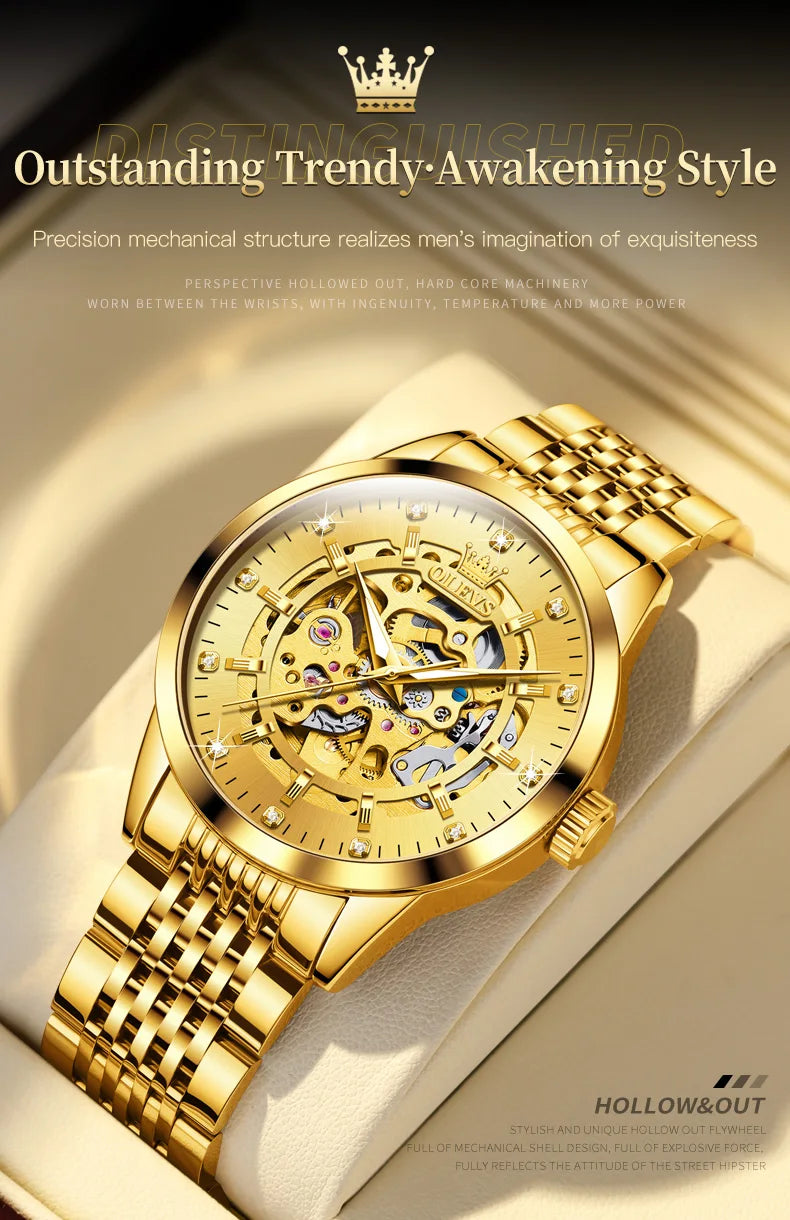 OLEVS Men's Watches Luxury Gold Skeleton Automatic Mechanical Wrist Watch for Man Waterproof Stainless Steel Luminous Business