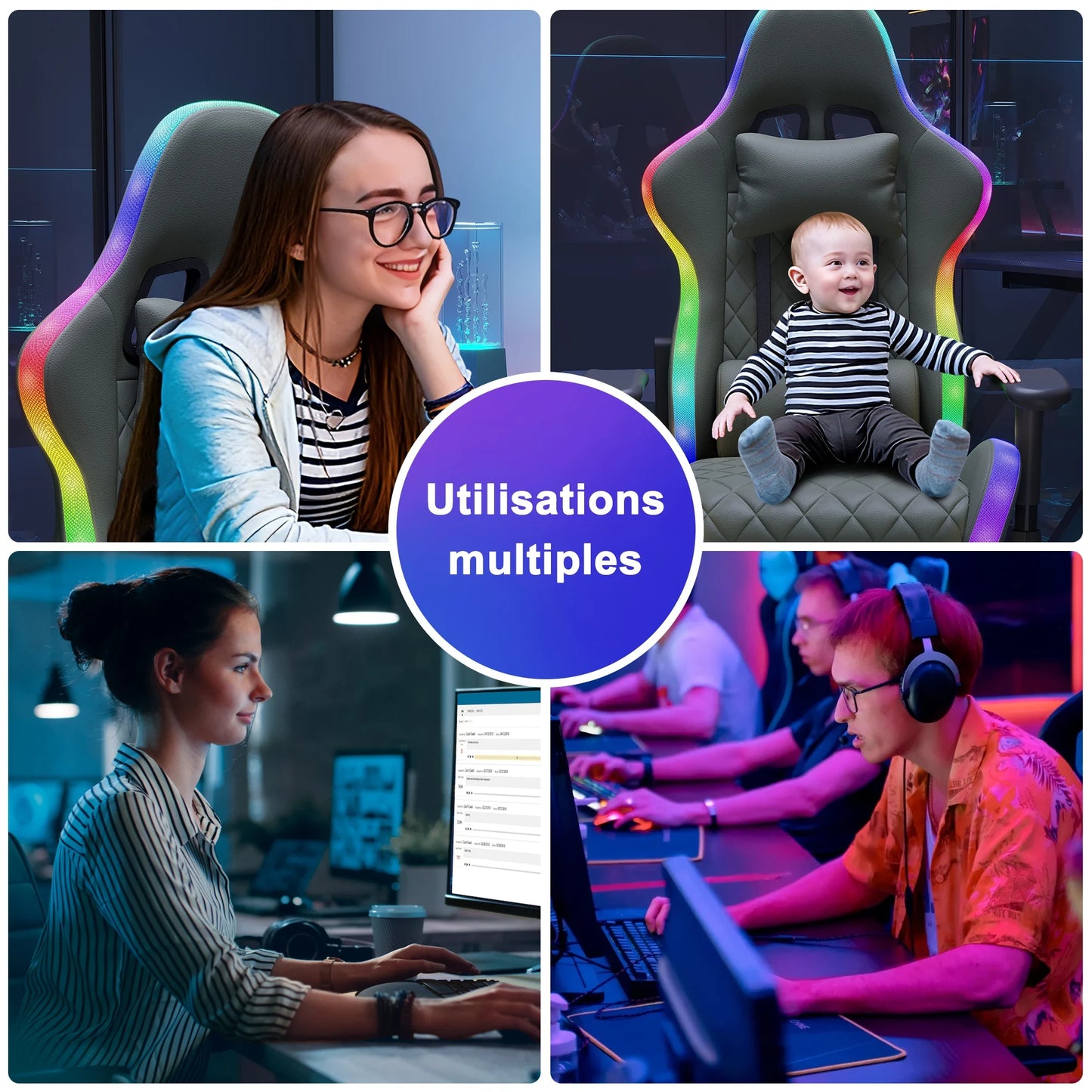 Gaming Chair,Ergonomic Gaming Chair with LED,Adjustable Computer Chair for Teenagers,Lumbar Cushion,Gamer Chair,Black