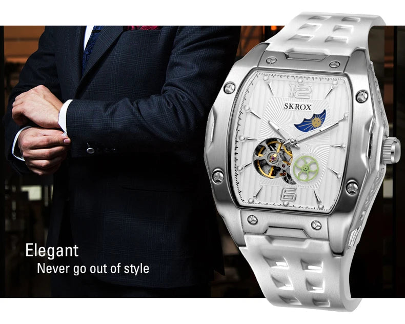 SKROX Designer Luxury Moon Phase Toubillon Automatic Movement Mechanical Clock High Quality Waterproof Silicone Men's Watches