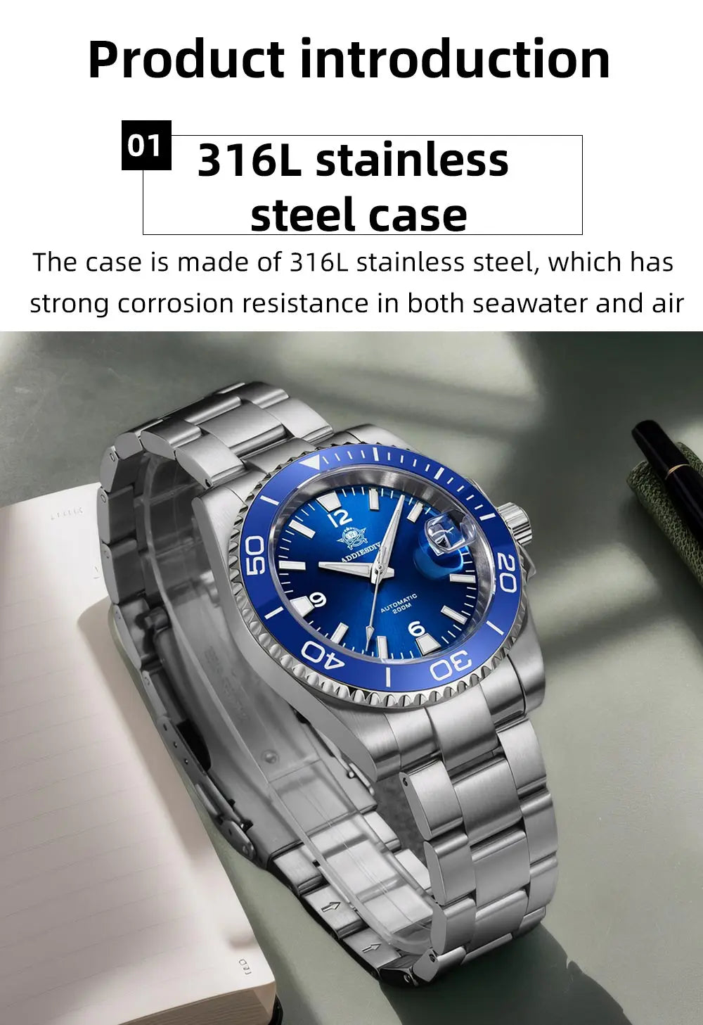 ADDIESDIVE New Diving Gift Watch Men 8215 Automatic Sapphire AR Coated Glass Ceramic Bezel Waterproof 200m Luminous Stainless St