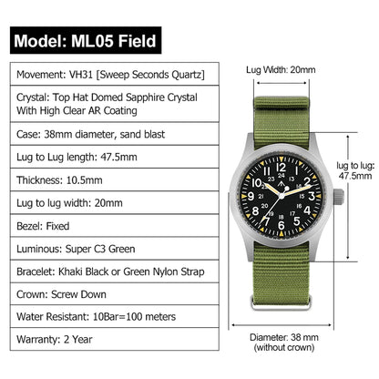 Militado ML05 38mm Vintage Watch VH31 Quartz Movement Field Watches Domed Sapphire Crystal With High Clear AR Coating Wristwatch