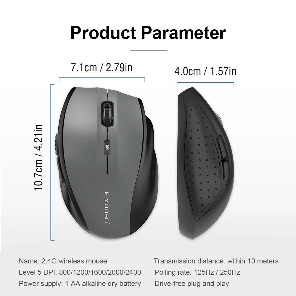E-YOOSO E-1010 USB 2.4G bezdrôtová herná a kancelárska myš, 2400 DPI, optická ergonomická myš na hranie pre notebook a PC