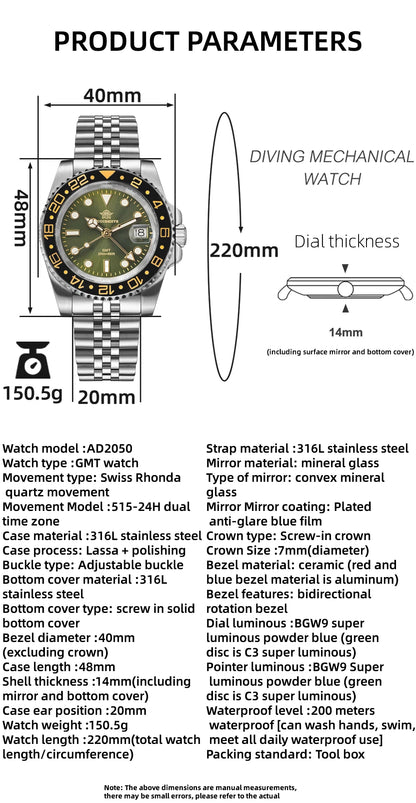 ADDIESDIVE Watch For Men Quartz GMT 20Bar Waterproof BGW9 Super Luminous 316L Stainless Steel Ceramic Bezel Watch