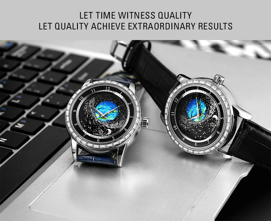 2026 FORSINING Design Earth Star Moon Set With Diamonds Genuine Belt Men Mechanical Automatic Watch Waterproof For Business