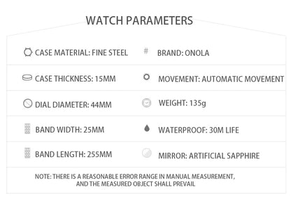 ONOLA Luxury Diamond Mechanical Wristwatches Fashion Sports Square Date Waterproof Automatic Man Watch Men Military Watch Clock