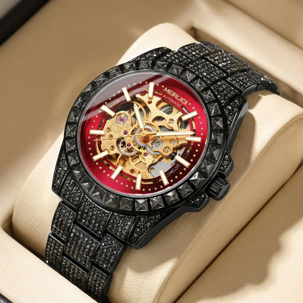 A men's green steel strap luxury trendy analog delicate pinion automatic mechanical watch