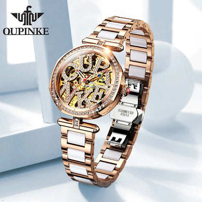 OUPINKE 3175 Women Watches Luxury Elegant Skeleton Automatic Mechanical Watches For Woman 50M Waterproof Bracelet Necklace Set