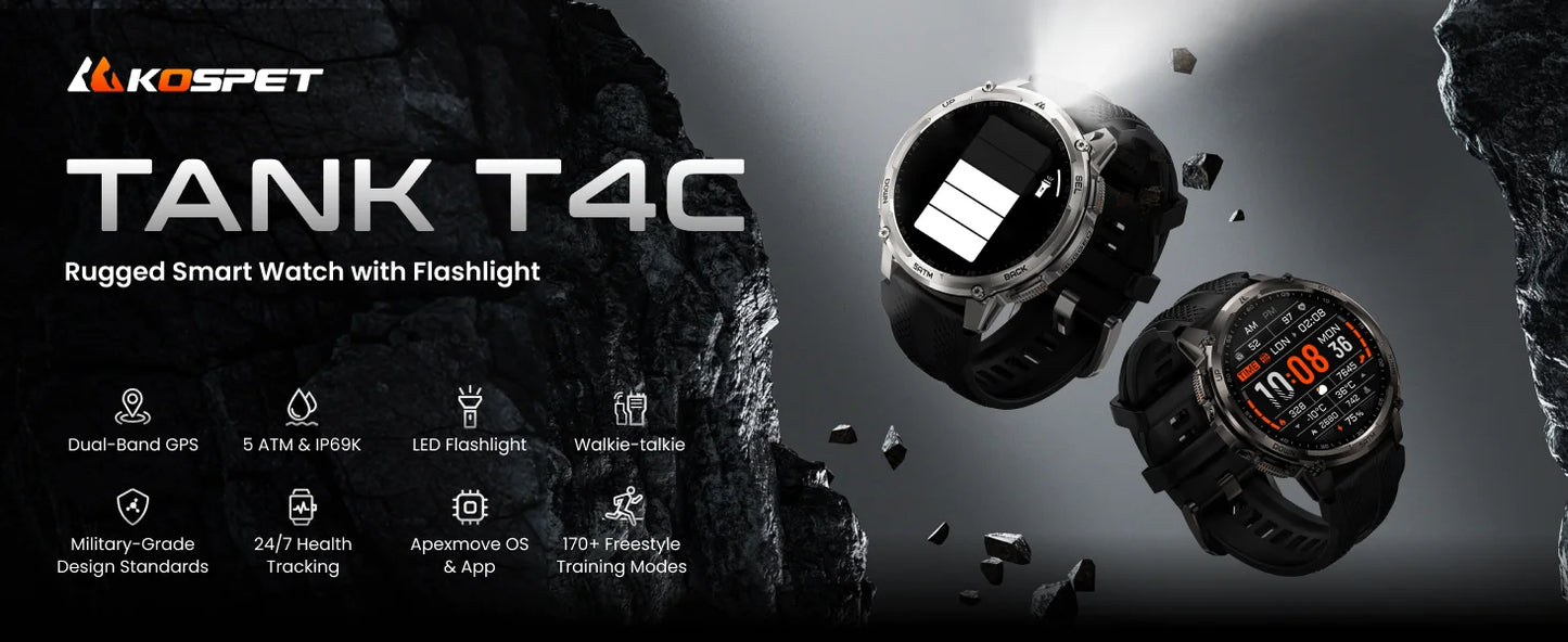 KOSPET TANK T4C Smartwatch Men's Outdoor GPS Watch with Bright LED Flashlight 5ATM Water-Resistant for Swimming Military Tough