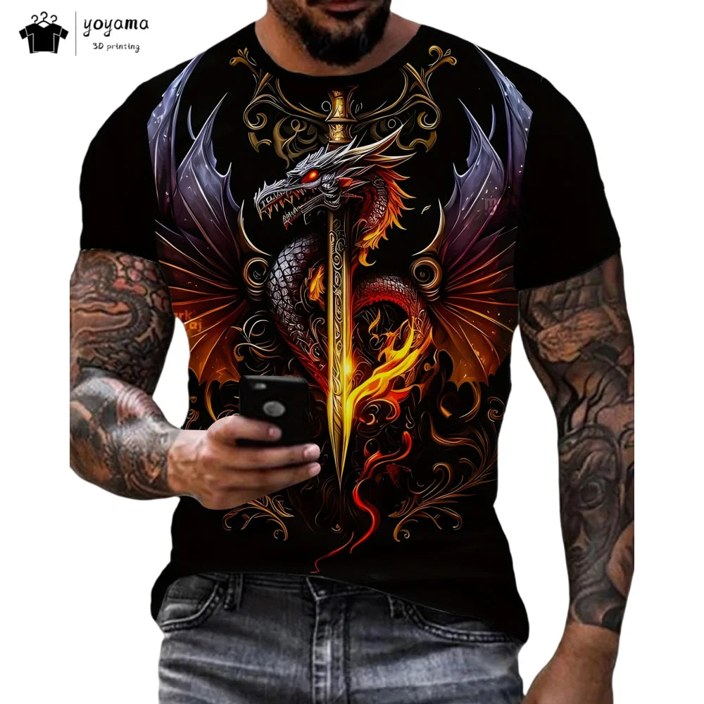 Men's t-shirts Dragon Pattern Short Sleeve Tee Fashion Street O-Neck Top Trend Animal 3D Printing Loose Versatile Men's Clothing