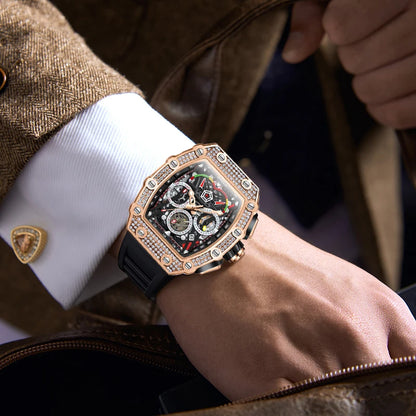 ONOLA Luxury Diamond Mechanical Wristwatches Fashion Sports Square Date Waterproof Automatic Man Watch Men Military Watch Clock